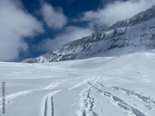 Wonderful winter hiking trails and traces on the slopes of the Alpstein mountain range and in the fresh alpine snow cover of the Swiss Alps  Nesslau - Obertoggenburg  Switzerland  Schweiz 