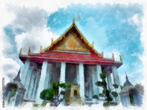 Landscape of ancient architecture and ancient art in Bangkok of Thailand watercolor style illustration impressionist painting.