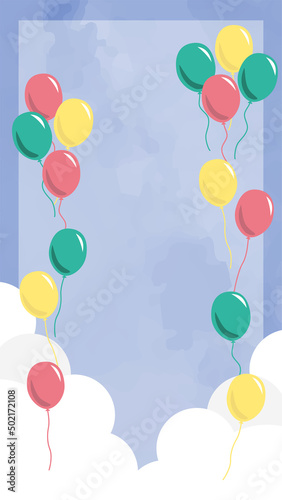 カラフルな風船が飛ぶ空がモチーフのお祝いの背景画像