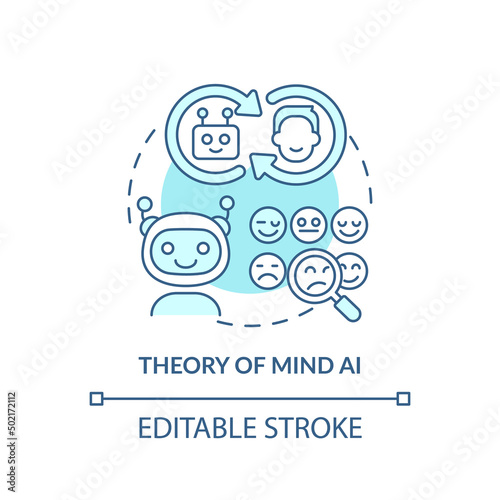 Theory of mind AI turquoise concept icon. Artificial intelligence type abstract idea thin line illustration. Isolated outline drawing. Editable stroke. Arial, Myriad Pro-Bold fonts used