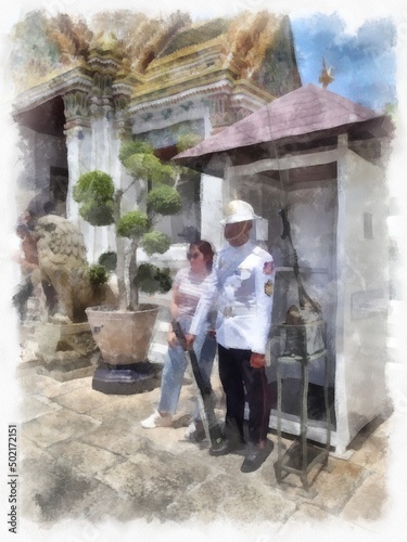 Landscape of the Grand Palace Wat Phra Kaew in Bangkok Thailand watercolor style illustration impressionist painting.