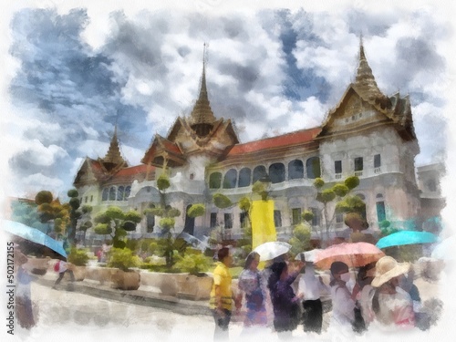 Landscape of the Grand Palace Wat Phra Kaew in Bangkok Thailand watercolor style illustration impressionist painting.