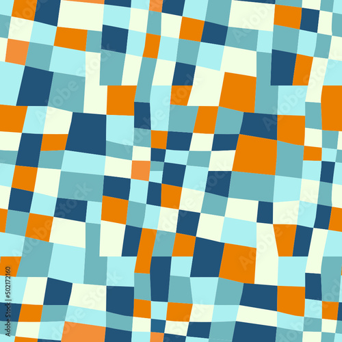 Abstract checkered pattern for fabric or background. Blue tones with orange splashes.