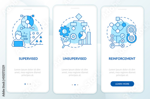 Categories of machine learning blue onboarding mobile app screen. Walkthrough 3 steps graphic instructions pages with linear concepts. UI, UX, GUI template. Myriad Pro-Bold, Regular fonts used