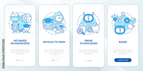 Drawbacks of machine learning blue onboarding mobile app screen. Walkthrough 4 steps graphic instructions pages with linear concepts. UI, UX, GUI template. Myriad Pro-Bold, Regular fonts used