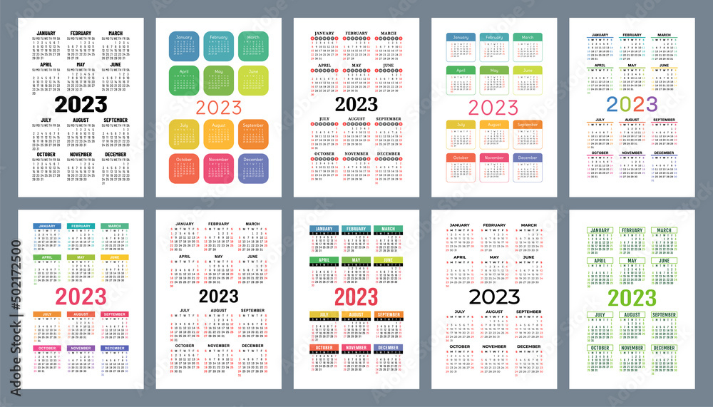 Calendar 2023 year set. Vector pocket or wall calender template collection. Week starts on Sunday. January, February, March, April, May, June, July, August, September, October, November, December