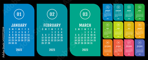 Calendar 2023 year. Vector colorful calender template. Infographics design. Week starts on Sunday