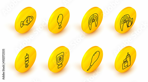 Set line Sauce bottle, Chicken leg, Grilled shish kebab on skewer stick, fish steak and fire flame, Fish, and icon. Vector