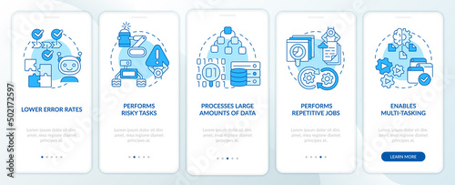 Artificial intelligence advantages blue onboarding mobile app screen. Walkthrough 5 steps graphic instructions pages with linear concepts. UI, UX, GUI template. Myriad Pro-Bold, Regular fonts used