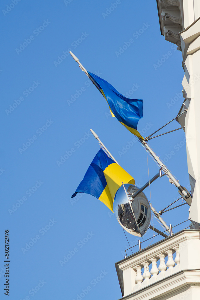 Vienna Austria May.1 2022, Ukrainian Flags in center of Vienna waving and showing solidarity to the country of Ukraine
