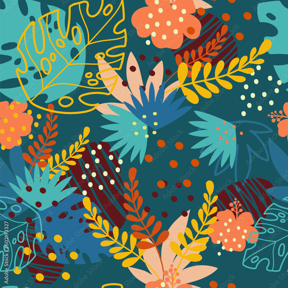 Plakat Seamless pattern abstract exotic plants and flowers bright