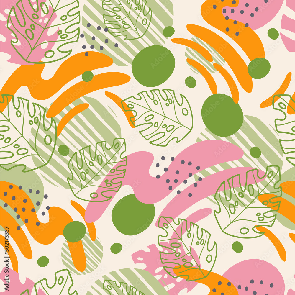 Seamless pattern abstract exotic plants and flowers summer colors