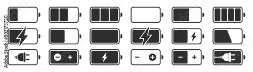Battery charge level indicators icons set. Discharged and fully charged battery smartphone. Vector Illustration eps10.
 photo