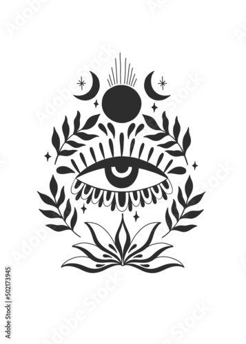 Mystic aesthetic witch mage composition print. Hand draw black color.Esoteric sign alchemy.