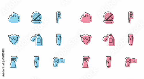 Set line Hairdresser pistol spray bottle, Electrical hair clipper or shaver, Shaving gel foam, dryer, Aftershave with atomizer, Mustache and beard and Makeup powder mirror icon. Vector