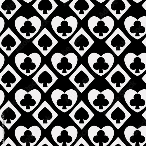Black pattern of white hearts and diamonds. Inside are black spades and crosses. Vector and seamless decor casino pattern.