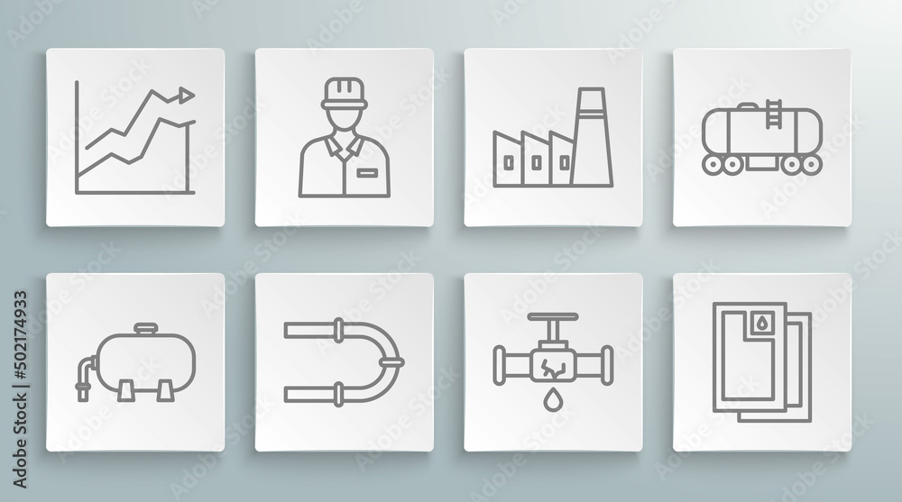 Set line Oil industrial factory building, Oilman, Industry pipe, Broken with leaking water, Barrel oil, railway cistern and price increase icon. Vector Set line Oil industrial factory building, Oilman, Industry pipe, Broken with leaking water, Barrel oil, railway cistern and price increase icon. Vector