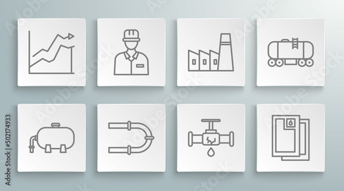 Set line Oil industrial factory building, Oilman, Industry pipe, Broken with leaking water, Barrel oil, railway cistern and price increase icon. Vector