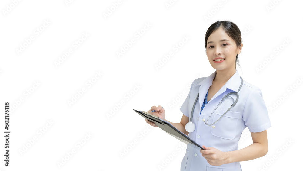 Beautiful Asian female doctor in uniform is smiling with a patient file on a white background. Beautiful Asian female doctor in uniform is smiling with a patient file on a white background.