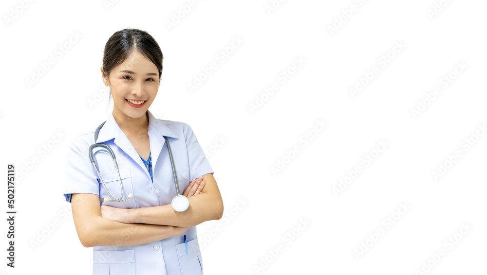 Beautiful Asian female doctor in uniform standing with arms crossed smiling on a white background. Beautiful Asian female doctor in uniform standing with arms crossed smiling on a white background.