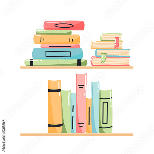 Stack of Books on the shelf in cartoon style. Bookshelf with Books. Vector illustration.