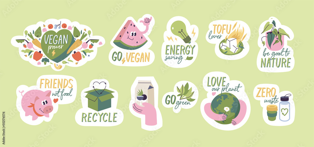 Vector illustration set of ecology stickers with quotes -vegan, zero waste, recycle, eco friendly, environment protection. Vector illustration set of ecology stickers with quotes -vegan, zero waste, recycle, eco friendly, environment protection.