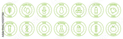 Free Gluten, Soy, Lactose, Dairy, Transfat, Egg, Paraben, Nut, Nitrates, Corn and Sugar Line Green Stamp. Allergy Ingredients Label Set. Diet Vegan Food Outline Symbol. Isolated Vector Illustration