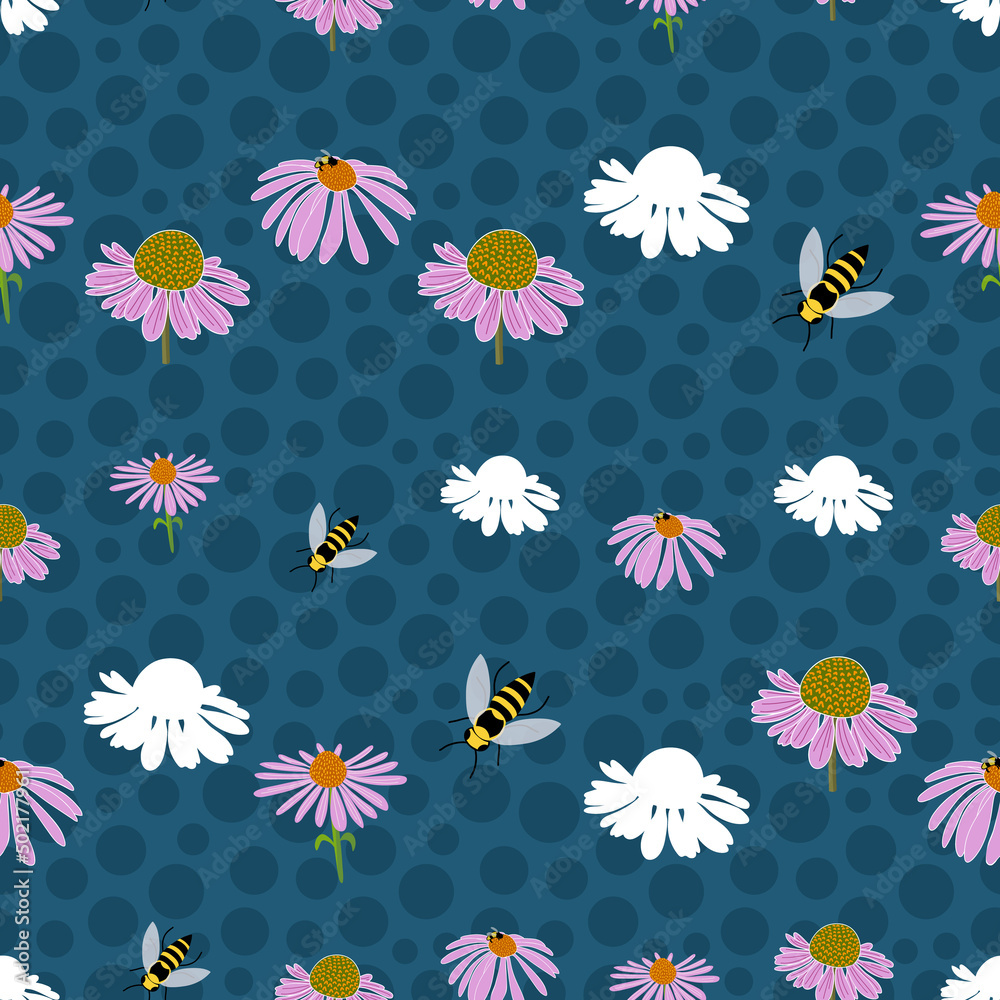 Echinacea on blue dots background, seamless pattern design Echinacea on blue dots background, seamless pattern design