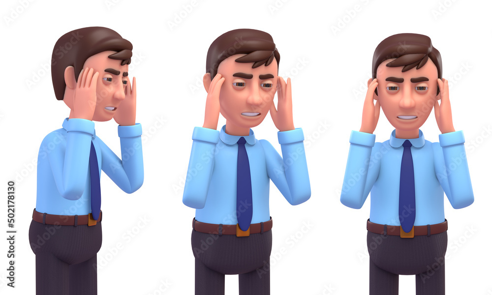 3d illustration of young businessman in stress, worry or headache 3d illustration of young businessman in stress, worry or headache