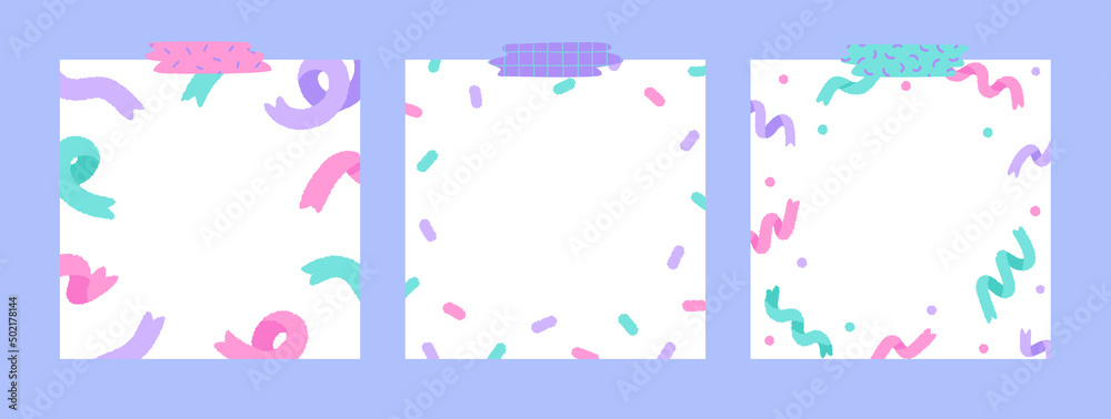 Set of cute ribbon blank notepad with tape. Hand drawn vector illustration. Template paper for sticker note, memo. Cartoon style. Isolated.