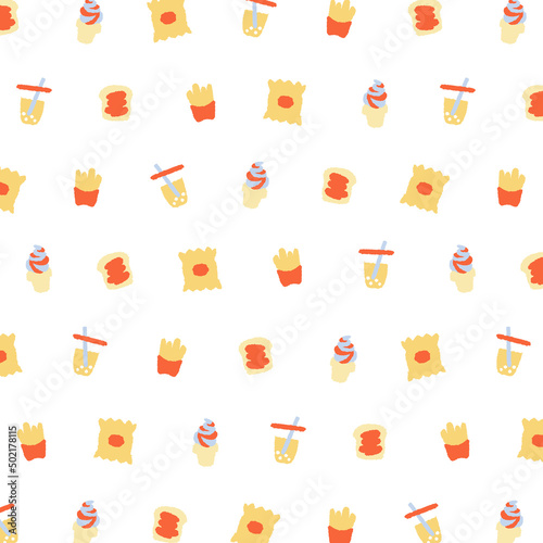 Vector illustration of chip, ice cream, french fries, bread, bubble tea pattern on white background.