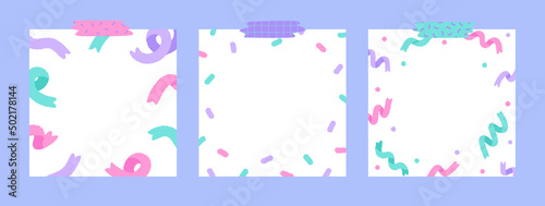 Set of cute ribbon blank notepad with tape. Hand drawn vector illustration. Template paper for sticker note, memo. Cartoon style. Isolated.