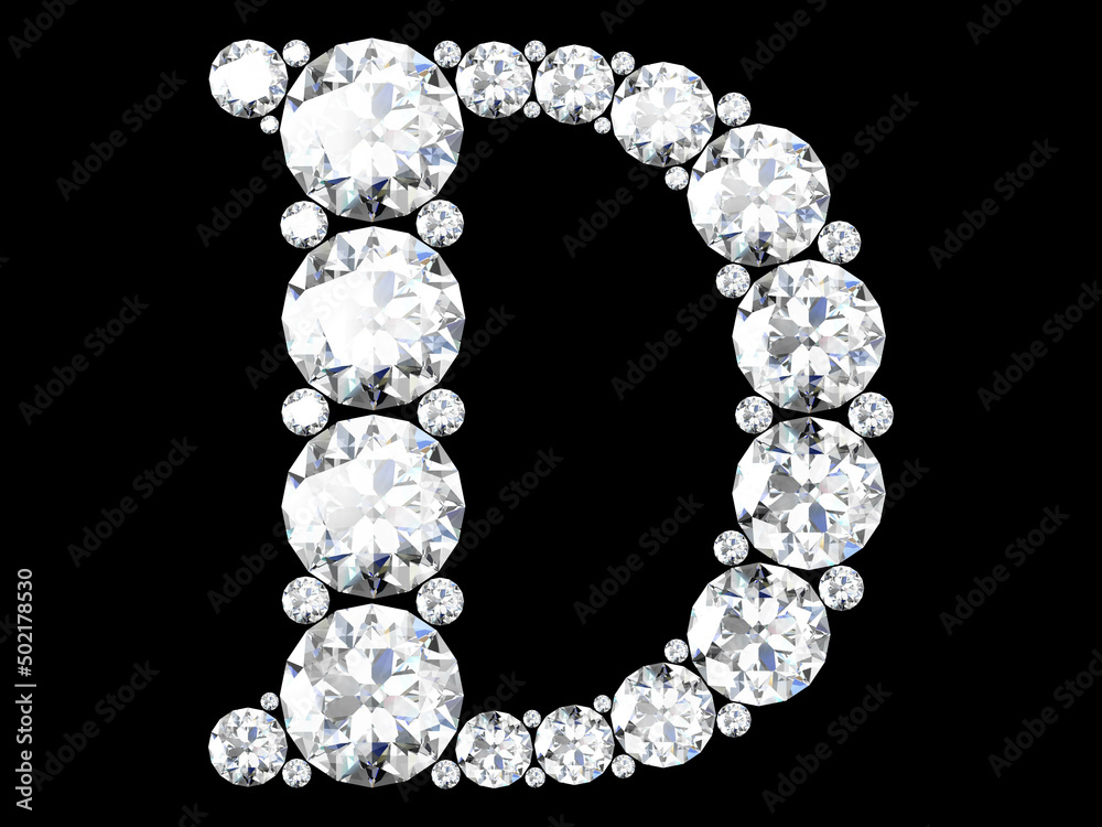 Diamond letters with gemstones isolated on black.3D rendering