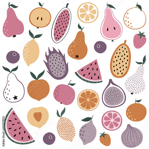 Fototapeta Naklejka Na Ścianę i Meble -  A set of hand-drawn cute fruits. Bright delicious pear, apple, watermelon, papaya, peach, fig, lemon, orange. Vector illustration
