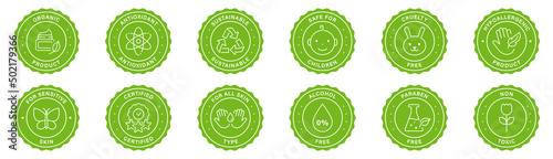 Nature Organic Eco Friendly Cosmetic Ingredient Green Label Set. Bio Makeup Cosmetic Product Stamp. Cruelty Free, Natural Skincare Sticker. Herbal Certificate Sign. Isolated Vector Illustration