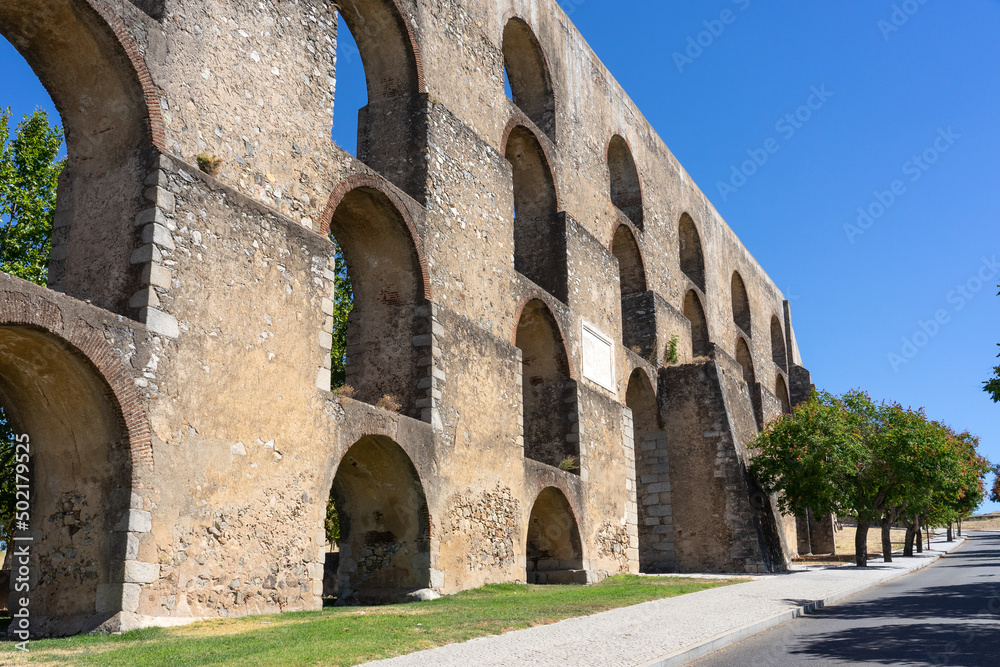 Amoeira aqueduct of the fortified city of Elvas (World Heritage Site by UNESCO). Alentejo region, Portugal.