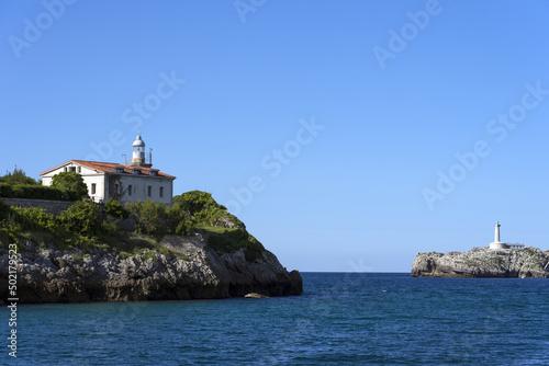View of Santander bay lighthouses, La Magdalena Peninsula lighthouse and Mouro island lighthouse, Santander Bay, cultural heritage, Spain