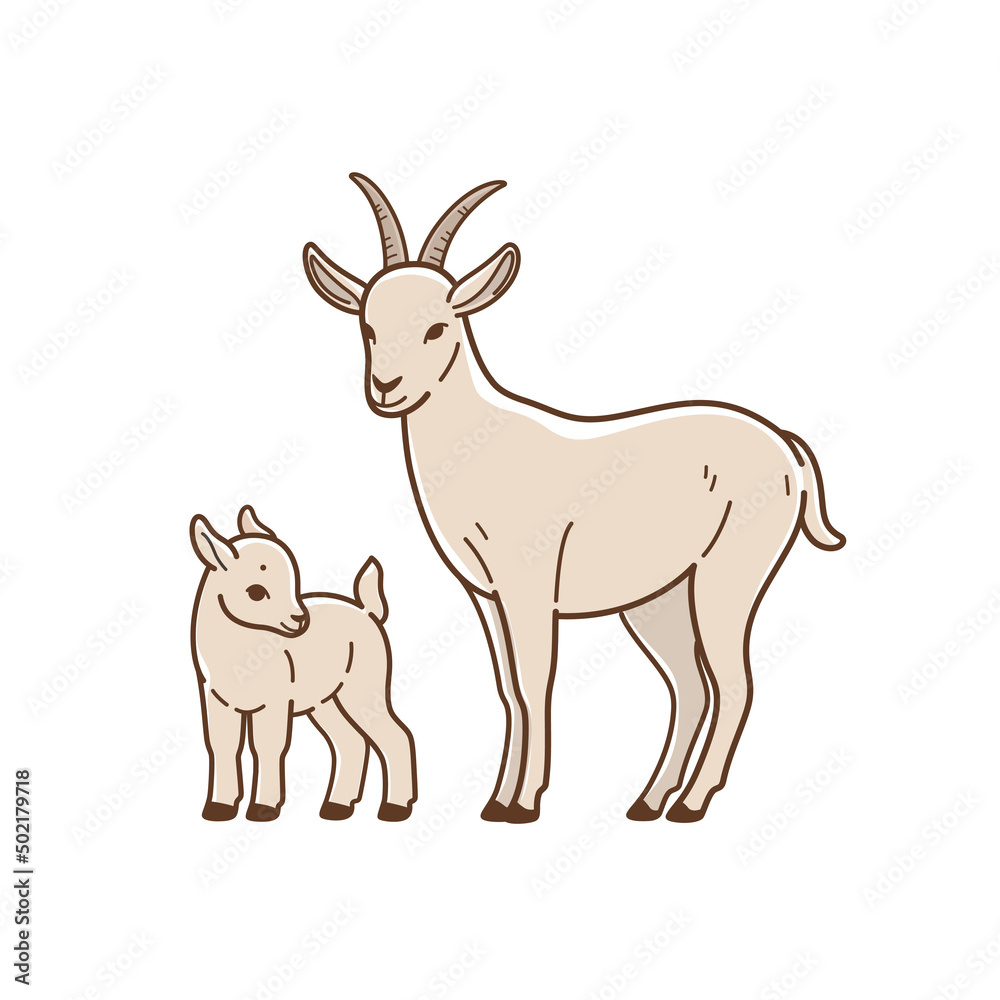 llustration of domestic mother goat with baby. Simple contour vector illustration for emblem, badge, insignia. llustration of domestic mother goat with baby. Simple contour vector illustration for emblem, badge, insignia.