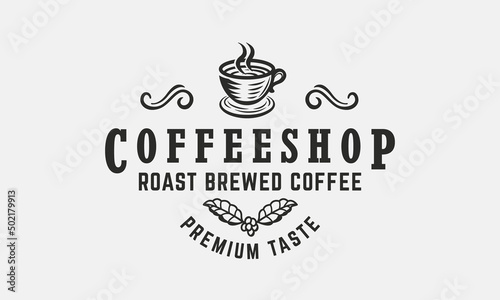 Coffee shop vintage logo. Coffee logo, label, poster with coffee cup and branch. Modern design poster. Label, badge, poster for cafe. Vector illustration