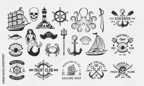 Collection of Nautical, Marine and Pirates logos, emblems, labels, badges. Set of 7 logo templates and 15 design elements for logo design. Vector templates