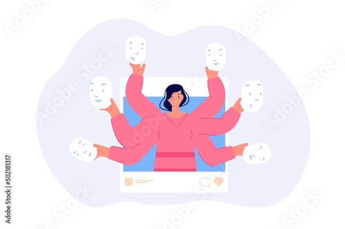 Fake emotions social media. Woman hold different emotional masks. Mental disorder, psychology problems girl. False happiness and joy, virtual lie vector concept
