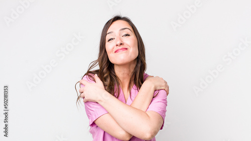 Canvas-taulu young pretty woman feeling in love, smiling, cuddling and hugging self, staying