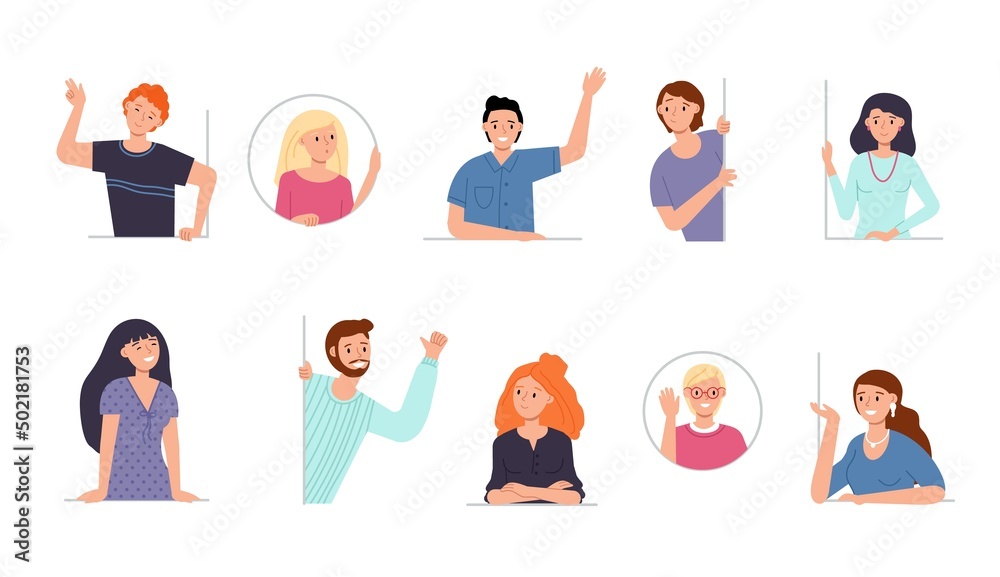 Curious adults characters. People smile, happy and curiosity face. Woman man peeking or searching. Diverse cartoon teenagers and students decent vector set Curious adults characters. People smile, happy and curiosity face. Woman man peeking or searching. Diverse cartoon teenagers and students decent vector set