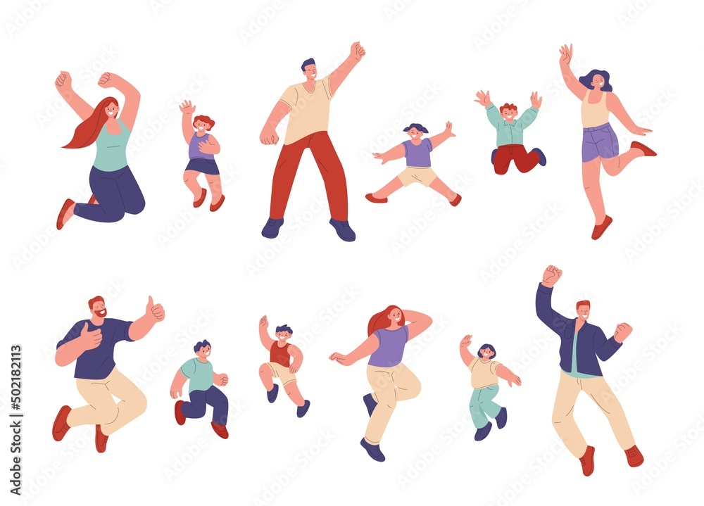 Joyful family. Happy jump person, people celebration. Active excited children and adults. Young fun festival man woman, party kicky vector isolated characters