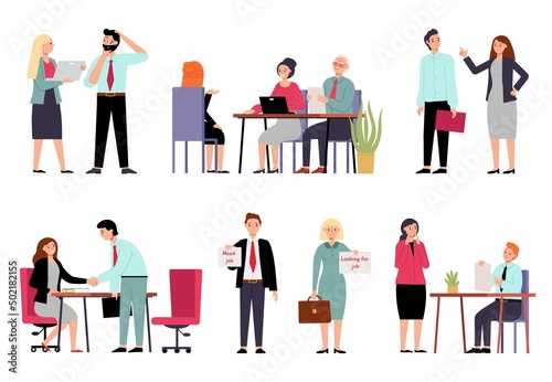 Business trouble. Office people and problems, job interview. Hr management characters, leadership and employee. Unemployed decent vector set © MicroOne