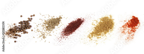 Set allspice, anise seeds spice (Pimpinella anisum), ground sumac spice, Tikka masala  powder mix and red paprika isolated on white, top view 
