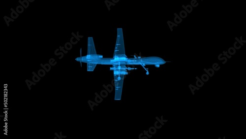 High detailed 4k loop rotating 360 degrees abstract military remotely piloted vehicle aircraft drone reaper hologram footage. Overlay slow motion 60 fps