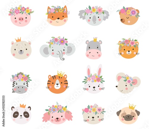 Animal princesses in crown. Floral crowns on princess  queen dog cat bunny and coala. Cartoon animals avatars  wild and pets faces nowaday vector stickers