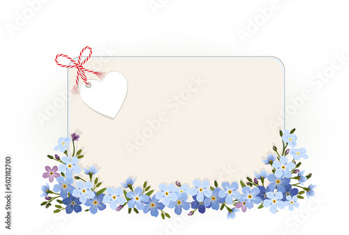 Blanko Karte mit Vergissmeinnicht Blüten und Herz, 
Karte zum Muttertag, Geburtstag, Valentinstag, Hochzeit und mehr, 
Vektor Illustration isoliert auf weißem Hintergrund
