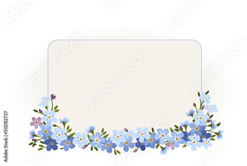 Blanko Karte mit Vergissmeinnicht Blüten, 
Karte zum Muttertag, Geburtstag, Valentinstag, Hochzeit und mehr, 
Vektor Illustration isoliert auf weißem Hintergrund
